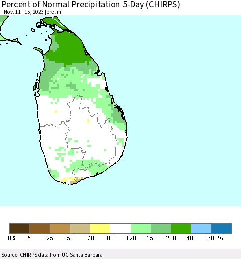 Sri Lanka Percent of Normal Precipitation 5-Day (CHIRPS) Thematic Map For 11/11/2023 - 11/15/2023