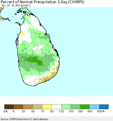 Sri Lanka Percent of Normal Precipitation 5-Day (CHIRPS) Thematic Map For 11/16/2023 - 11/20/2023
