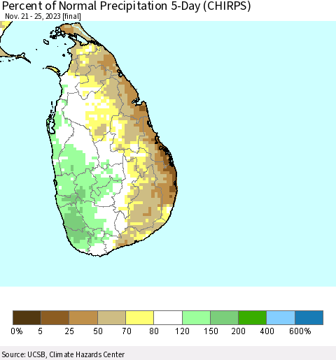Sri Lanka Percent of Normal Precipitation 5-Day (CHIRPS) Thematic Map For 11/21/2023 - 11/25/2023