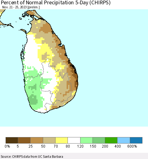 Sri Lanka Percent of Normal Precipitation 5-Day (CHIRPS) Thematic Map For 11/21/2023 - 11/25/2023