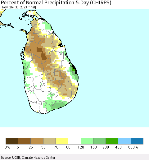 Sri Lanka Percent of Normal Precipitation 5-Day (CHIRPS) Thematic Map For 11/26/2023 - 11/30/2023
