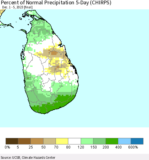 Sri Lanka Percent of Normal Precipitation 5-Day (CHIRPS) Thematic Map For 12/1/2023 - 12/5/2023