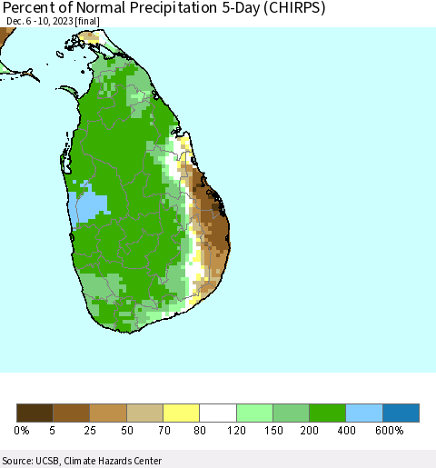 Sri Lanka Percent of Normal Precipitation 5-Day (CHIRPS) Thematic Map For 12/6/2023 - 12/10/2023
