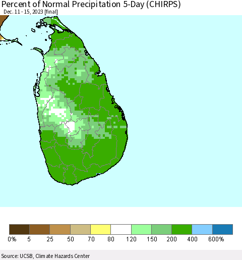 Sri Lanka Percent of Normal Precipitation 5-Day (CHIRPS) Thematic Map For 12/11/2023 - 12/15/2023