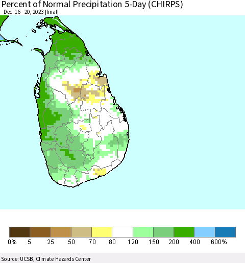 Sri Lanka Percent of Normal Precipitation 5-Day (CHIRPS) Thematic Map For 12/16/2023 - 12/20/2023