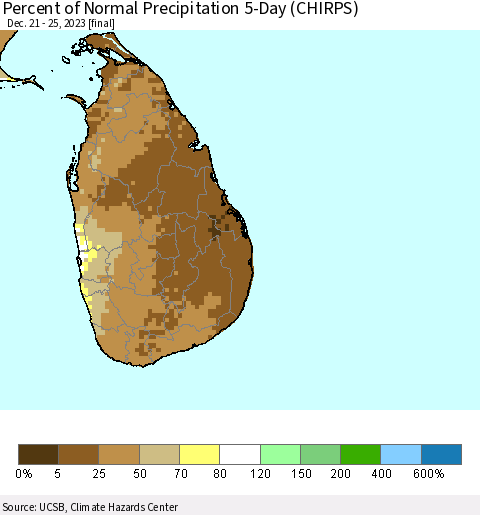 Sri Lanka Percent of Normal Precipitation 5-Day (CHIRPS) Thematic Map For 12/21/2023 - 12/25/2023