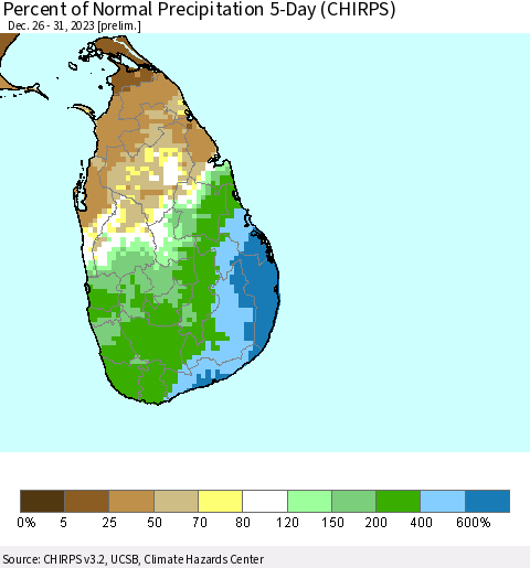 Sri Lanka Percent of Normal Precipitation 5-Day (CHIRPS) Thematic Map For 12/26/2023 - 12/31/2023