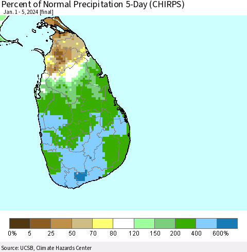 Sri Lanka Percent of Normal Precipitation 5-Day (CHIRPS) Thematic Map For 1/1/2024 - 1/5/2024