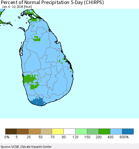 Sri Lanka Percent of Normal Precipitation 5-Day (CHIRPS) Thematic Map For 1/6/2024 - 1/10/2024