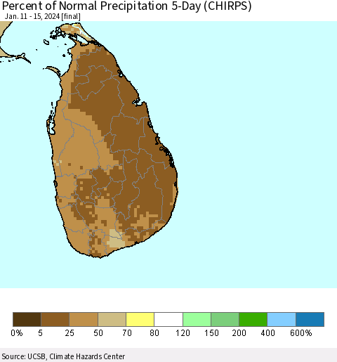 Sri Lanka Percent of Normal Precipitation 5-Day (CHIRPS) Thematic Map For 1/11/2024 - 1/15/2024