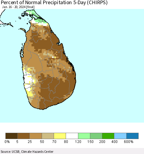 Sri Lanka Percent of Normal Precipitation 5-Day (CHIRPS) Thematic Map For 1/16/2024 - 1/20/2024