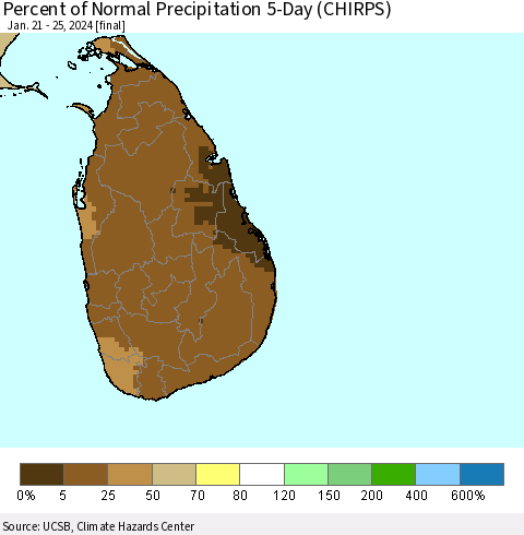 Sri Lanka Percent of Normal Precipitation 5-Day (CHIRPS) Thematic Map For 1/21/2024 - 1/25/2024