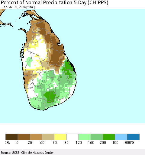 Sri Lanka Percent of Normal Precipitation 5-Day (CHIRPS) Thematic Map For 1/26/2024 - 1/31/2024