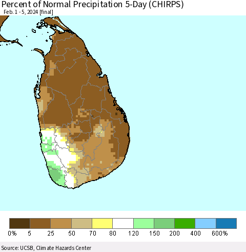 Sri Lanka Percent of Normal Precipitation 5-Day (CHIRPS) Thematic Map For 2/1/2024 - 2/5/2024