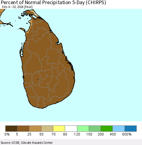 Sri Lanka Percent of Normal Precipitation 5-Day (CHIRPS) Thematic Map For 2/6/2024 - 2/10/2024