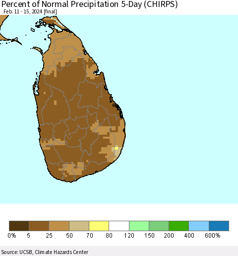 Sri Lanka Percent of Normal Precipitation 5-Day (CHIRPS) Thematic Map For 2/11/2024 - 2/15/2024