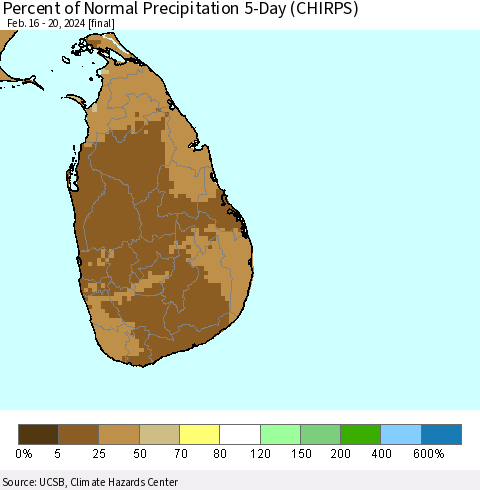 Sri Lanka Percent of Normal Precipitation 5-Day (CHIRPS) Thematic Map For 2/16/2024 - 2/20/2024