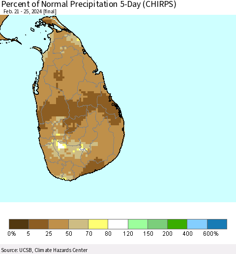 Sri Lanka Percent of Normal Precipitation 5-Day (CHIRPS) Thematic Map For 2/21/2024 - 2/25/2024