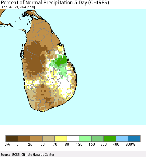 Sri Lanka Percent of Normal Precipitation 5-Day (CHIRPS) Thematic Map For 2/26/2024 - 2/29/2024