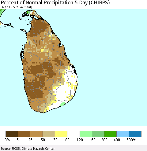 Sri Lanka Percent of Normal Precipitation 5-Day (CHIRPS) Thematic Map For 3/1/2024 - 3/5/2024