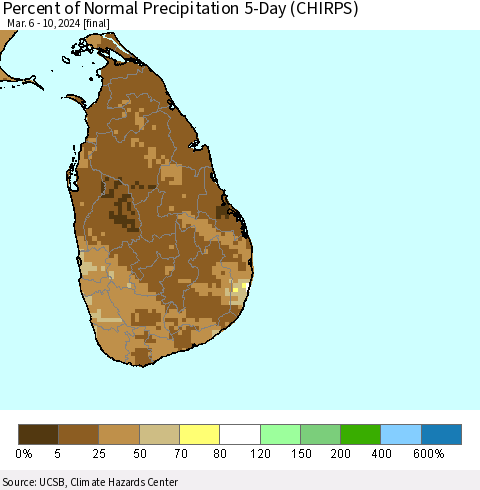 Sri Lanka Percent of Normal Precipitation 5-Day (CHIRPS) Thematic Map For 3/6/2024 - 3/10/2024