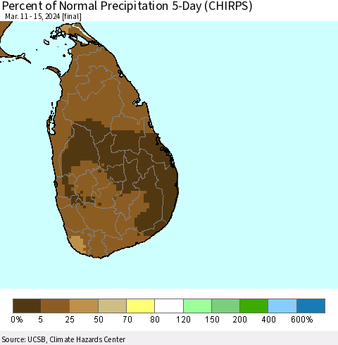 Sri Lanka Percent of Normal Precipitation 5-Day (CHIRPS) Thematic Map For 3/11/2024 - 3/15/2024