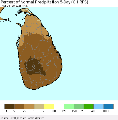 Sri Lanka Percent of Normal Precipitation 5-Day (CHIRPS) Thematic Map For 3/16/2024 - 3/20/2024