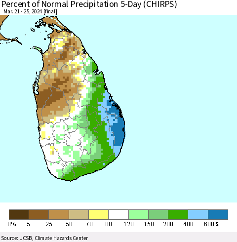 Sri Lanka Percent of Normal Precipitation 5-Day (CHIRPS) Thematic Map For 3/21/2024 - 3/25/2024