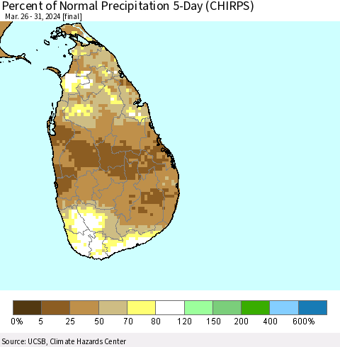 Sri Lanka Percent of Normal Precipitation 5-Day (CHIRPS) Thematic Map For 3/26/2024 - 3/31/2024