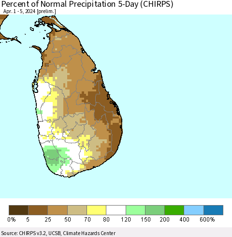 Sri Lanka Percent of Normal Precipitation 5-Day (CHIRPS) Thematic Map For 4/1/2024 - 4/5/2024