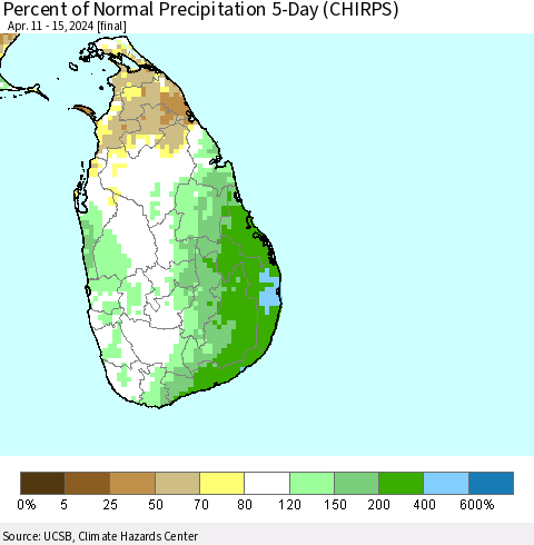 Sri Lanka Percent of Normal Precipitation 5-Day (CHIRPS) Thematic Map For 4/11/2024 - 4/15/2024