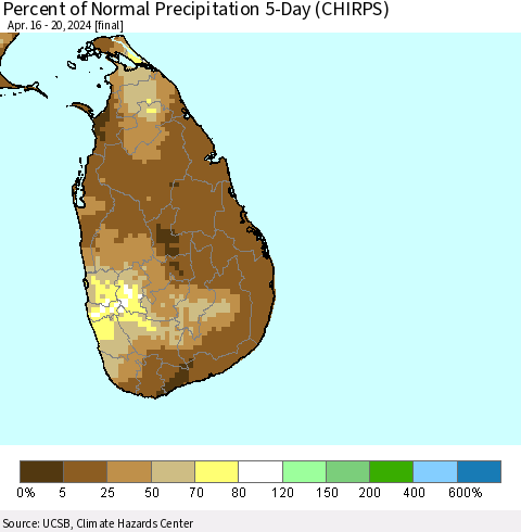 Sri Lanka Percent of Normal Precipitation 5-Day (CHIRPS) Thematic Map For 4/16/2024 - 4/20/2024