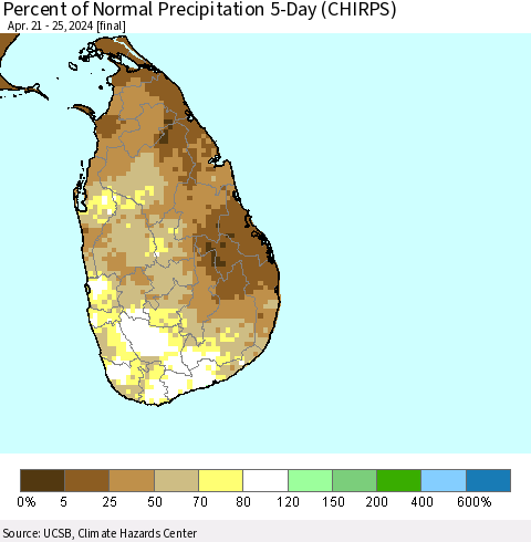 Sri Lanka Percent of Normal Precipitation 5-Day (CHIRPS) Thematic Map For 4/21/2024 - 4/25/2024
