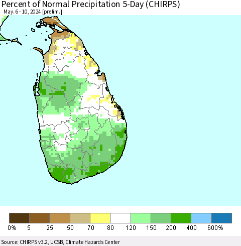 Sri Lanka Percent of Normal Precipitation 5-Day (CHIRPS) Thematic Map For 5/6/2024 - 5/10/2024