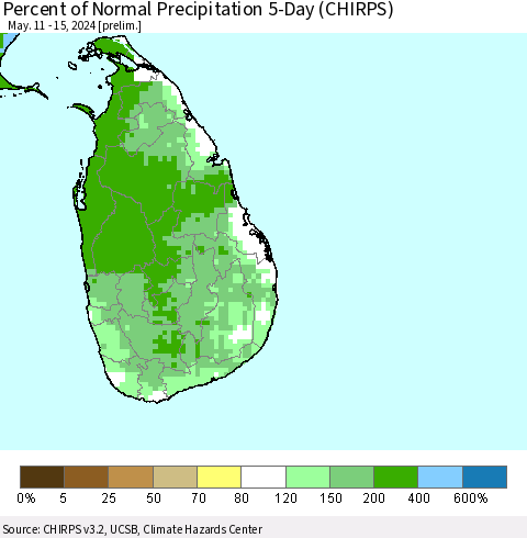 Sri Lanka Percent of Normal Precipitation 5-Day (CHIRPS) Thematic Map For 5/11/2024 - 5/15/2024