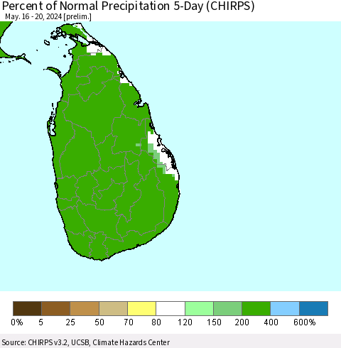Sri Lanka Percent of Normal Precipitation 5-Day (CHIRPS) Thematic Map For 5/16/2024 - 5/20/2024