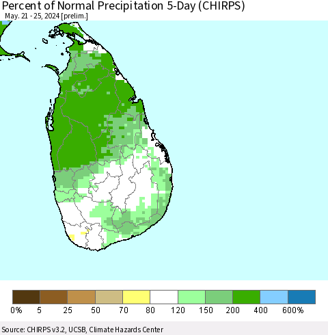 Sri Lanka Percent of Normal Precipitation 5-Day (CHIRPS) Thematic Map For 5/21/2024 - 5/25/2024