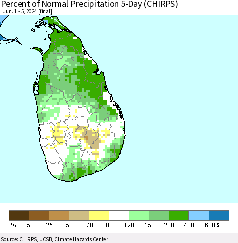 Sri Lanka Percent of Normal Precipitation 5-Day (CHIRPS) Thematic Map For 6/1/2024 - 6/5/2024