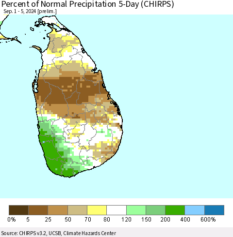Sri Lanka Percent of Normal Precipitation 5-Day (CHIRPS) Thematic Map For 9/1/2024 - 9/5/2024