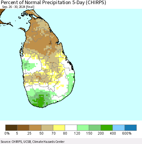 Sri Lanka Percent of Normal Precipitation 5-Day (CHIRPS) Thematic Map For 9/26/2024 - 9/30/2024