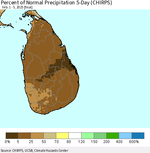Sri Lanka Percent of Normal Precipitation 5-Day (CHIRPS) Thematic Map For 2/1/2025 - 2/5/2025