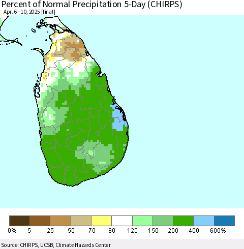 Sri Lanka Percent of Normal Precipitation 5-Day (CHIRPS) Thematic Map For 4/6/2025 - 4/10/2025