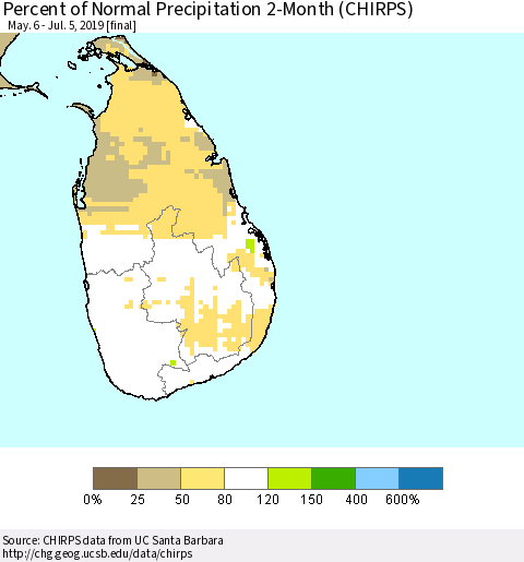 Sri Lanka Percent of Normal Precipitation 2-Month (CHIRPS) Thematic Map For 5/6/2019 - 7/5/2019