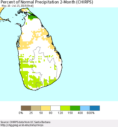 Sri Lanka Percent of Normal Precipitation 2-Month (CHIRPS) Thematic Map For 5/16/2019 - 7/15/2019