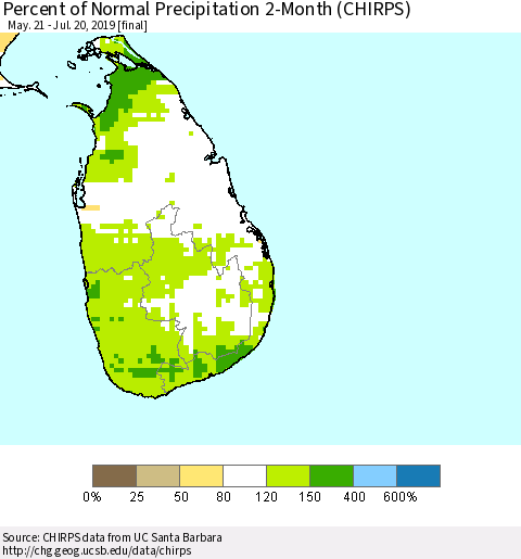 Sri Lanka Percent of Normal Precipitation 2-Month (CHIRPS) Thematic Map For 5/21/2019 - 7/20/2019