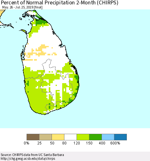 Sri Lanka Percent of Normal Precipitation 2-Month (CHIRPS) Thematic Map For 5/26/2019 - 7/25/2019
