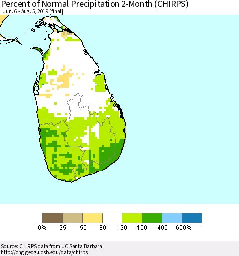 Sri Lanka Percent of Normal Precipitation 2-Month (CHIRPS) Thematic Map For 6/6/2019 - 8/5/2019
