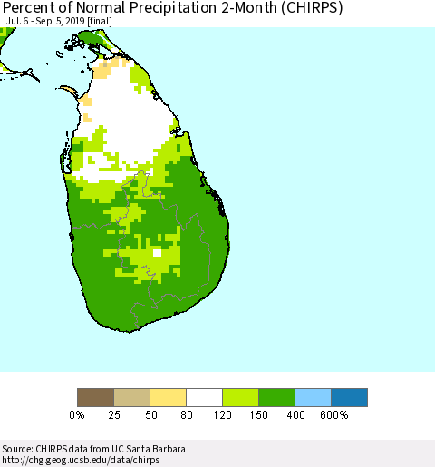 Sri Lanka Percent of Normal Precipitation 2-Month (CHIRPS) Thematic Map For 7/6/2019 - 9/5/2019