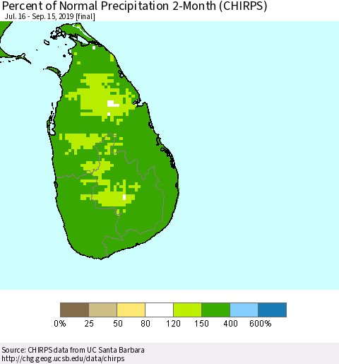 Sri Lanka Percent of Normal Precipitation 2-Month (CHIRPS) Thematic Map For 7/16/2019 - 9/15/2019