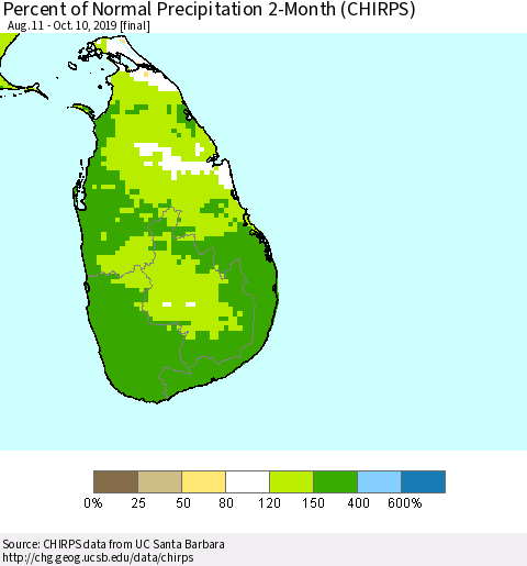 Sri Lanka Percent of Normal Precipitation 2-Month (CHIRPS) Thematic Map For 8/11/2019 - 10/10/2019